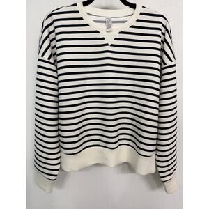 SPANX Airessentials Crew Neck Pullover Striped Sweatshirt Ivory Black Large